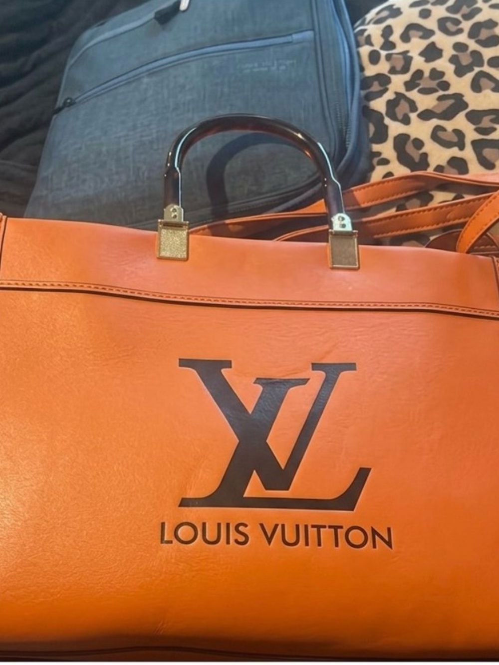Louis Vuitton Orange Leather Tote with Black LV Logo